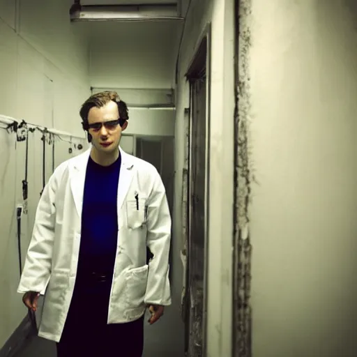 Image similar to a male scientist wearing a lab coat lost suit inside the very dark empty unsettling creepy backrooms, liminal space, horror scene