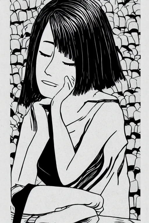 Image similar to portrait of a girl in long pants and a top, hands in pockets, eyes closed, bob haircut, digital art, black and white, minimalistic illustration by junji ito and kaoru mori