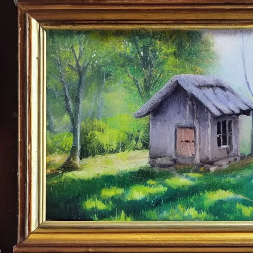 Image similar to little house in the countryside on a sunny day, forest, realistic, detailed, peaceful, brush strokes, oil painting