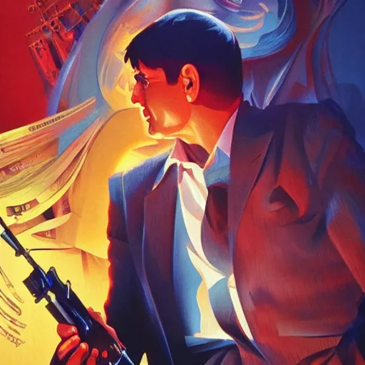 Prompt: scenes from the movie scarface as vintage poster art, coherent, intricate, elegant, volumetric lighting, sharp focus on scenery, digital painting, highly detailed, artstation, sharp focus, illustration by j scott campbell hsiao ron cheng, ngai victo