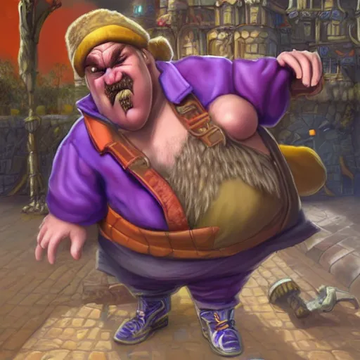 Prompt: Game screenshot of Gérard Depardieu as Wario, nintendo, fantasy, highly detailed, digital painting, artstation, concept art, sharp focus, illustration, art by Tony Sart and artgerm and randy vargas