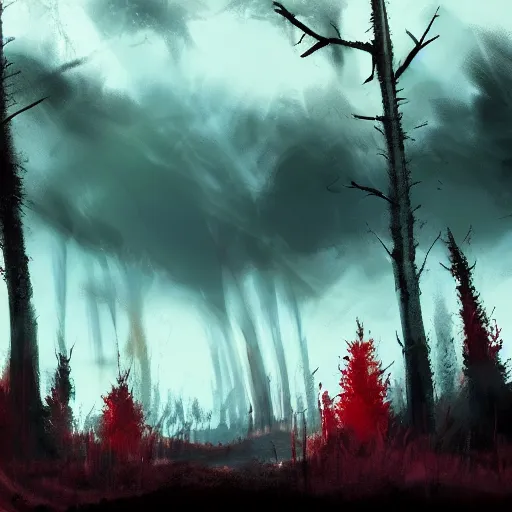 Prompt: Decimated forest+red sky+ the most darkest and horrible thing we have ever seen+artstation+concept art