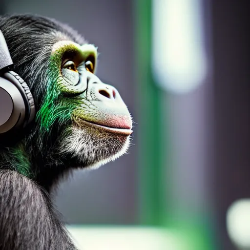 Image similar to a high quality photo of a green chimp wearing headphones, realism, 8k