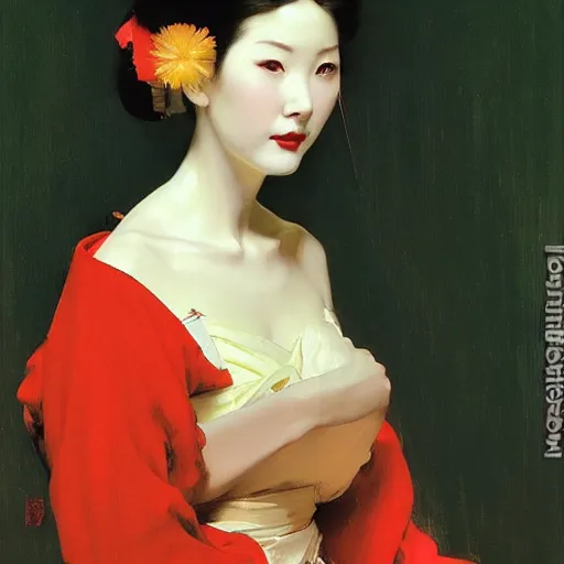 Image similar to yanjun cheng portrait of a beautiful geisha android by norman rockwell, bouguereau