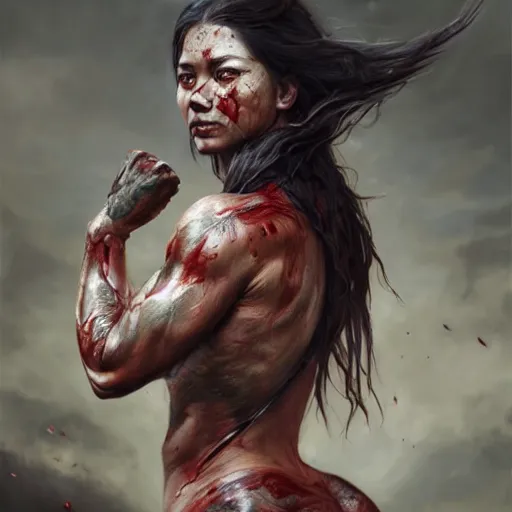 Prompt: portrait painting of a muscular bloodied dark nepali female butcher back, ultra realistic, concept art, intricate details, eerie, highly detailed, photorealistic, octane render, 8 k, unreal engine. art by artgerm and greg rutkowski and alphonse mucha