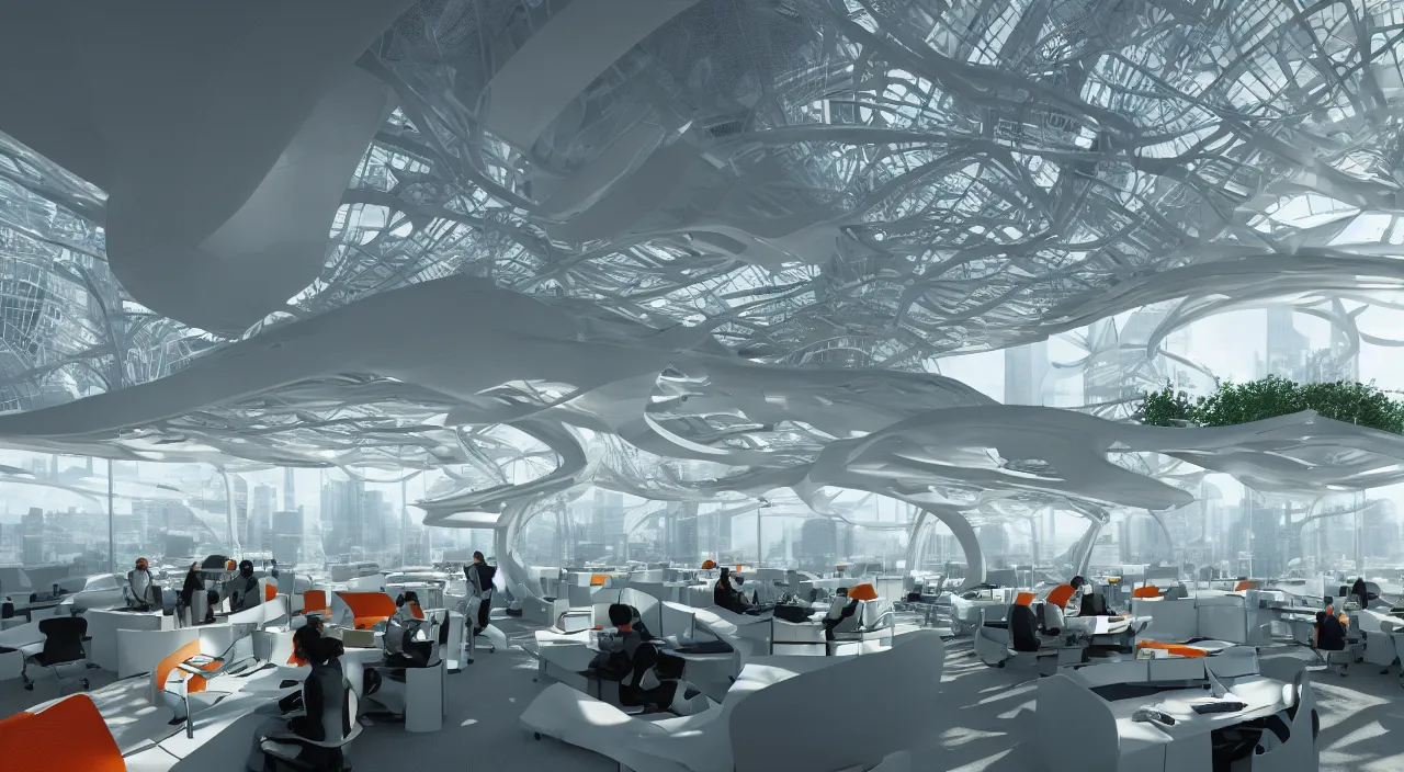 Image similar to futuristic open office with parks and plants, glowing computer screens, made with glossy white plastic and large windows and voluminous light and light rays, extremely intricate, very detailed, in style of zaha hadid, artstation, octane render, with red and orange highlights, cinematic lighting