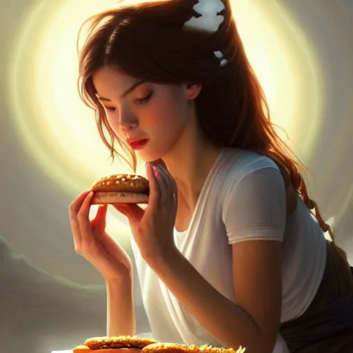 Prompt: portrait of Moses eating big mac hamburgers, extra onions and ketchup, luscious patty with sesame seeds, ethereal, handsome, D&D, fantasy, intricate, elegant, highly detailed, digital painting, artstation, concept art, matte, sharp focus, illustration, art by Artgerm and Greg Rutkowski and Alphonse Mucha