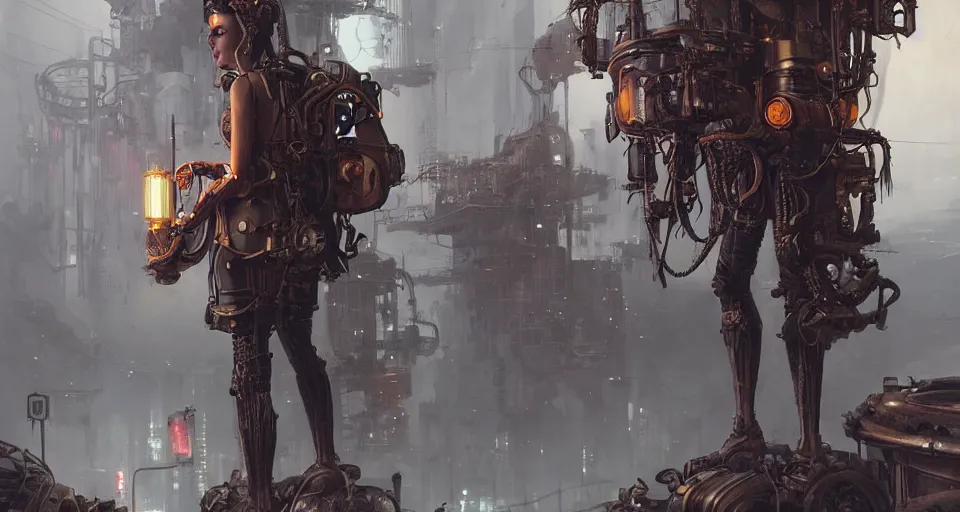 Prompt: a highly detailed epic cinematic concept art CG render digital painting artwork scene: retrofuturistic 1920s cyberpunk steampunk human fused with a combustion engine fuming backpack. By Greg Rutkowski, Ilya Kuvshinov, WLOP, Stanley Artgerm Lau, Ruan Jia and Fenghua Zhong, trending on ArtStation, made in Maya, Blender and Photoshop, octane render, excellent composition, cinematic dystopian brutalist atmosphere, dynamic dramatic cinematic lighting, aesthetic, very inspirational, arthouse