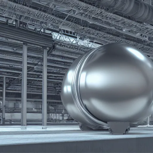 Image similar to big metallic capsule connected to pipelines, purpose is pump, standing in large industrial hall, designed by best engineers, raytracing, reflections