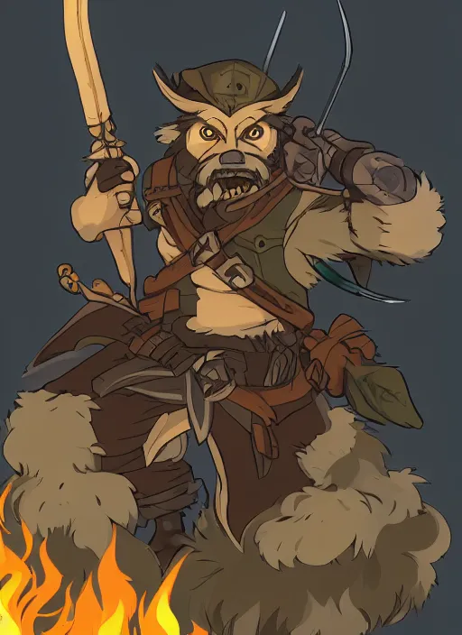 Image similar to bugbear ranger, black beard, dungeons and dragons, hunters gear, flames, character design on white background, by studio ghibli, makoto shinkai