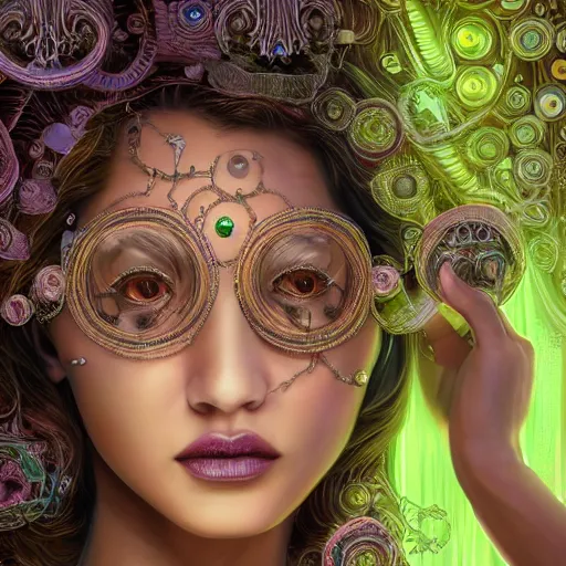 Prompt: very beautiful woman integrating with technology, full face frontal centered, portrait, insipiring, detailed intricate ornate cables connected to head, big open electric eyes, luxurious detailed abundent wiring and implants, diamonds, sci - fi, neon, emeralds, detailed technology full background with cyber flowers, highly detailed, artstation, cgsociety, 8 k rene lalique and eddie mendoza