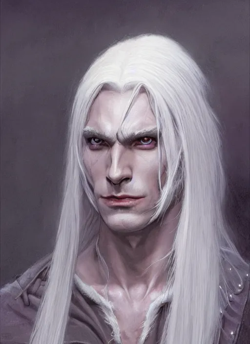 a portrait of a male drow elf with long white hair, | Stable Diffusion