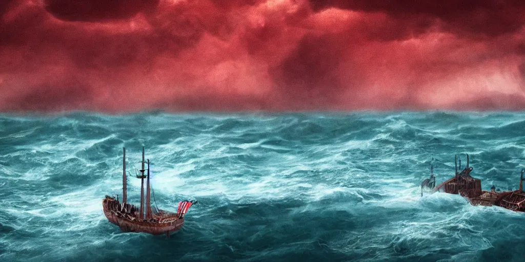 Image similar to a wooden big ship in the middle of the sea during a storm, turbulent sea, high coherence, highly detailed, high quality, 8 k, dramatic lighting, cinematic, epic scene, path traced, hyperrealistic, concept art, octane render, unreal engine 5, trending on artstation, a red cross in the ship flag, high contrast