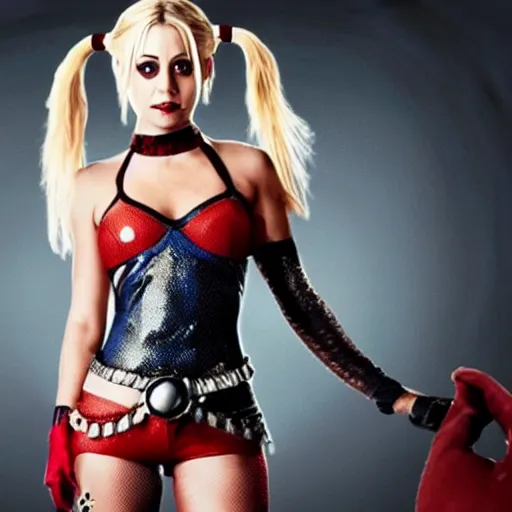 Image similar to A still of Kaley Cuoco as Harley Quinn, full-figure