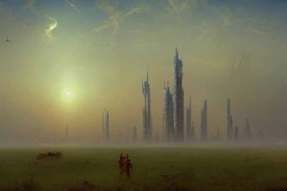 Prompt: sci-fi painting of a very large alien city, many skyscraper, on the vast wheat fields, only one humanoid robot on the ground, by Ivan Aivazovsky, godrays, detailed