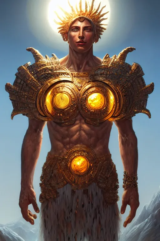 Image similar to humanoid god of the sun, highly detailed, d & d, fantasy, hyper detailed, digital painting, trending on artstation, apollo, concept art, sharp focus, illustration, art by artgerm and magali villeneuve and greg rutkowski and michael whelan, cryengine, 8 k realistic atmospheric lighting, frostbite 3 engine