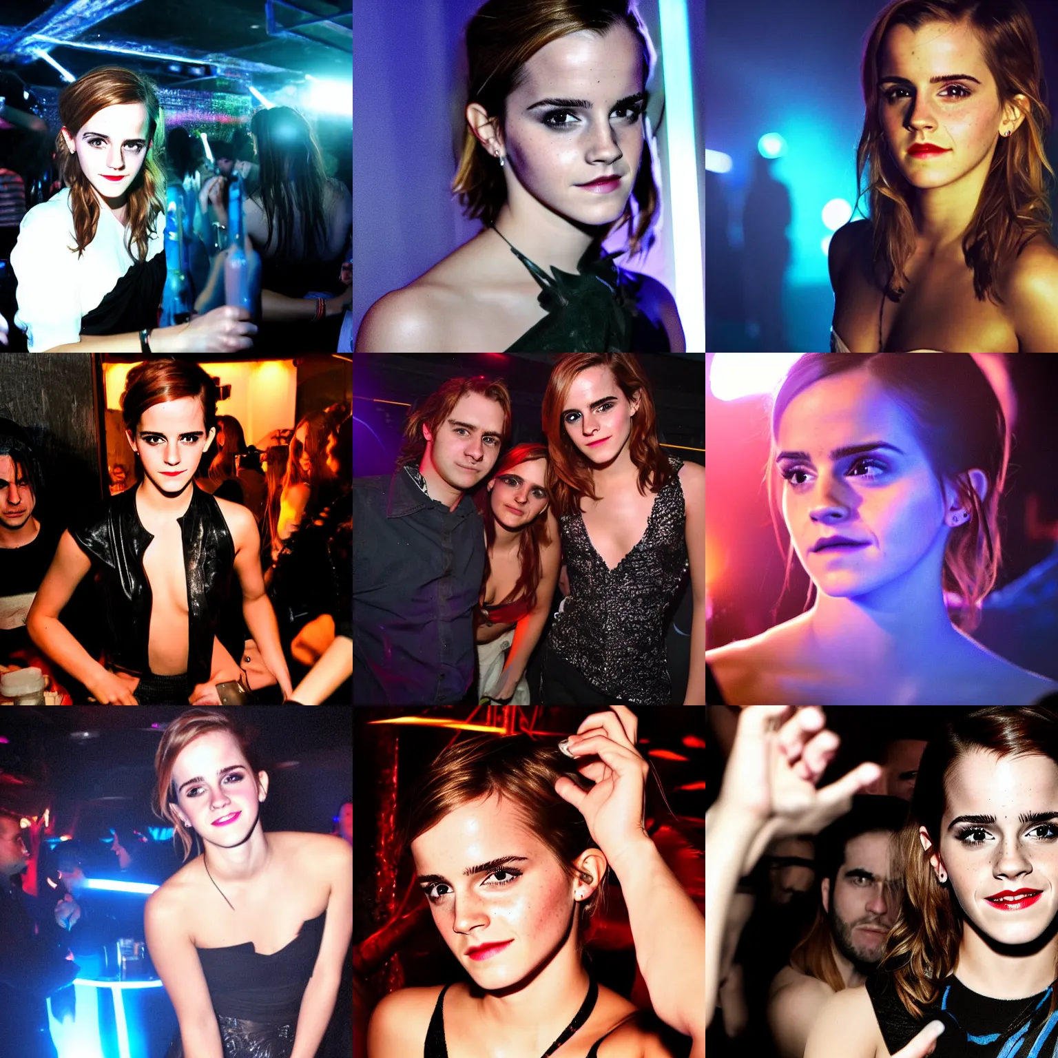 Prompt: A photo of Emma Watson partying in the nightclub. Cyberpunk lighting.