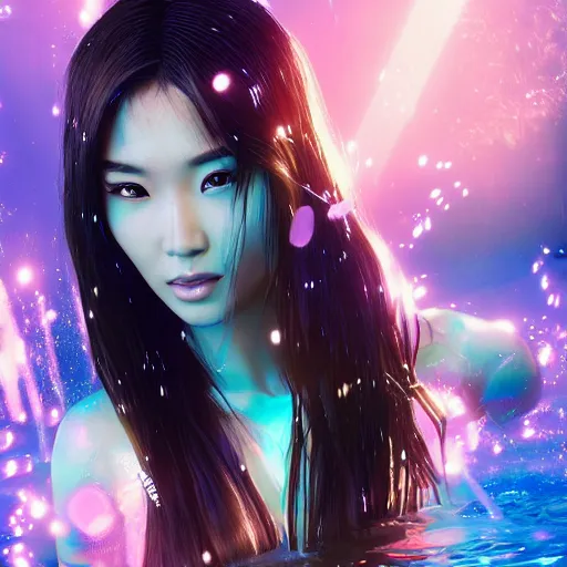 Prompt: a portrait of a full body beautiful futuristic asian girl, young with long hair, neon bioluminescence, under water, hyper - realistic, very detailed, intricate, very sexy pose, slight smile expression, unreal engine, by artgerm, wlop and ross thran, dramatic cinematic lighting rendered by octane, 8 k, detailed
