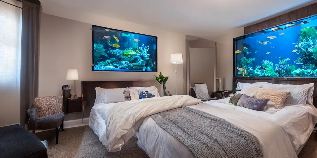 Prompt: a bedroom with an aquarium behind the headboard, rays of light from the television on at midnight, calm environment, cinematic lighting, glare