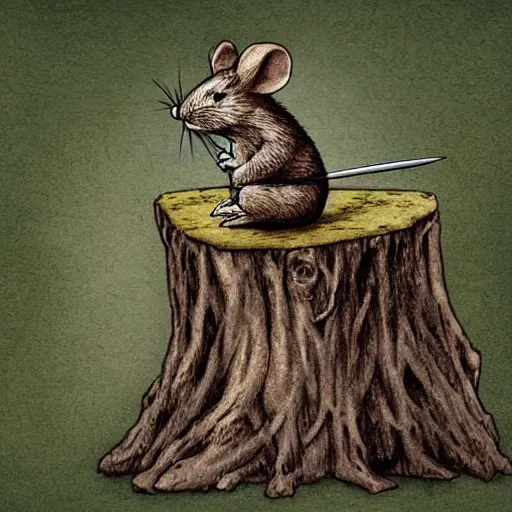 Prompt: Mouse Guard sits on a stump holding a sword, deep forest, by rivuletpaper, rivuletpaper art, Mouse Guard by David Petersen, mouse photo, small details, realistic illustration,