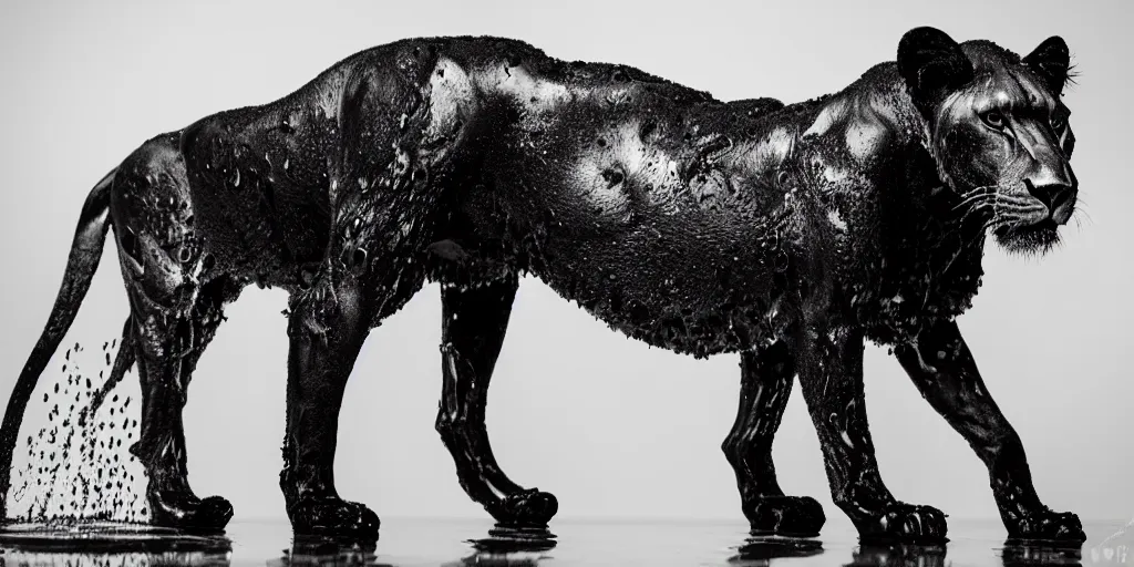 Prompt: a black lioness made of ferrofluid bathing inside the bathtub full of ferrofluid at the photography studio, covered in dripping ferrofluid. dslr, wrinkles, ferrofluid, photography, realism, animal photography