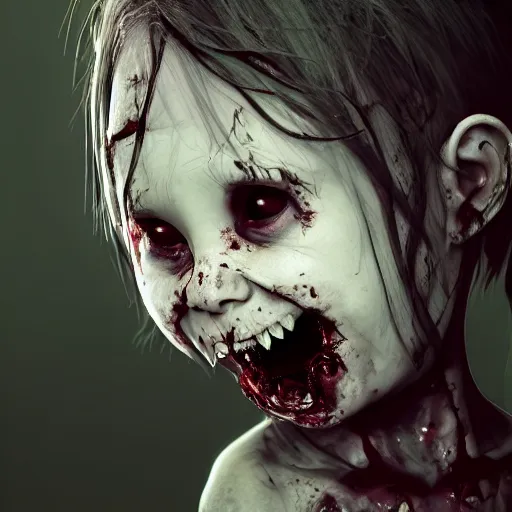Prompt: angry female zombie toddler without eyes portrait, empty bloody - black eyesockets, horror core, apocalyptic, feeling of grimdark, sharp focus, fiction, hyper detailed, digital art, trending in artstation, cinematic lighting, studio quality, smooth render, unreal engine 5 rendered, octane rendered, art style and nixeu and wlop and krenz cushart