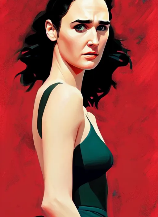 Image similar to detailed artwork by phil noto ; stylized painting of young jennifer connelly ; gal gadot ; eva green ; young jennifer connelly from the rocketeer ; brush texture ; asymmetric composition ; paint texture ; trending on artstation ; gallery painting by phil noto, comic style