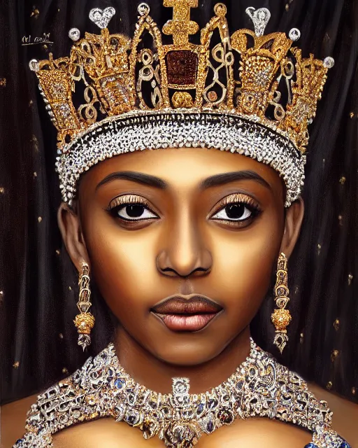 Image similar to realistic portrait of a queen, dark, gold and silver ornaments, facing camera, photo realistic, detailed, 1 4 5 0, delicate, hyper realism, ultra realistic, matte painting, 8 k