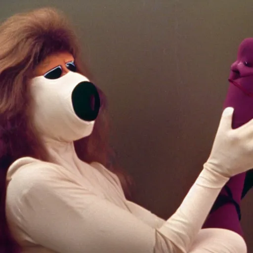 Image similar to 1970 woman wearing a mask with a long prosthetic nose long snout with nostril, prosthetic eyeballs, wearing a leotard on the hillside 1970 color archival footage color film 16mm holding a hand puppet Fellini Almodovar John Waters Russ Meyer Doris Wishman