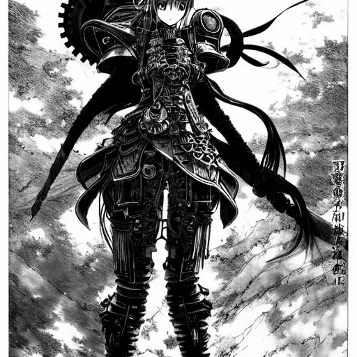 Prompt: a vertical portrait of an anime character in a scenic environment by yoshitaka amano and nihei tsutomu, black and white, dreamy, steampunk armor, highly detailed