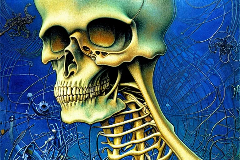 Image similar to realistic detailed closeup portrait painting of a single skeleton wearing a cape in a crowded futuristic moscow street by Jean Delville, Amano, Yves Tanguy, Alphonse Mucha, Ernst Haeckel, Edward Robert Hughes, Roger Dean, rich moody colours, blue eyes