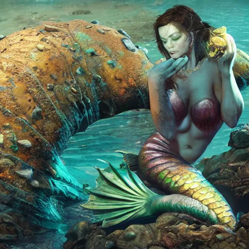 Image similar to a sad mermaid covered in toxic waste, ultra realistic, concept art, intricate details, highly detailed, photorealistic, octane render, 8 k, unreal engine, art by frank frazetta, simon bisley, brom