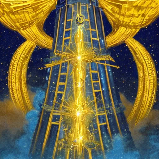 Prompt: a great tower pierces the heavens. Gold threads destroy the world.