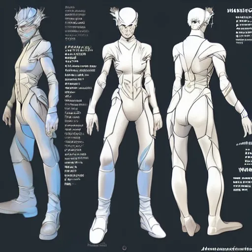 Image similar to pose reference sheet for young warrior - scientist with dark skin and white suit, art by moebius, art by yoshitaka amano, detailed, reference art