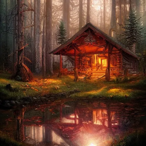 Image similar to a wooden cabin in the woods, magical forest, by Jordan Grimmer and greg rutkowski, crisp lines and color,