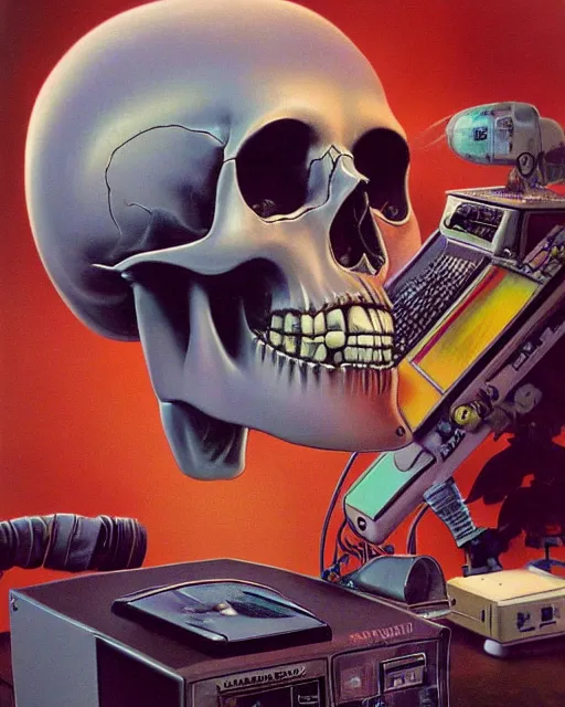 Image similar to a sarcastic skull observing 8 0 s era technology, vintage shapes, retro technology, vintage color, wayne barlow, oil on canvas, deep depth of field, masterpiece, cinematic composition, hyperdetailed