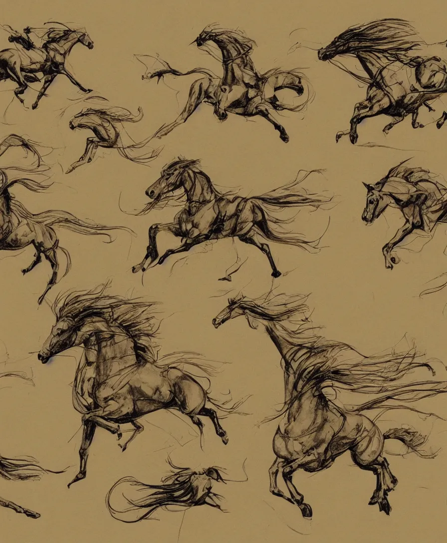 Image similar to Davinci sketches flying horses in the style of Syd Mead