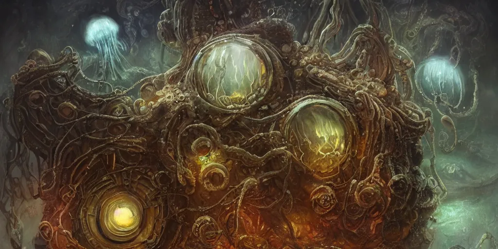 Prompt: concept art of giant translucent glowing jellyfishes, lovecraftian divers helmet, lots of teeth, melting horror, round moon, rich clouds, fighting the horrors of the unknown, high resolution, very detailed, volumetric light, mist, grim, fine art, decaying, textured oil over canvas, epic fantasy art, very colorful, ornate, anato finnstark