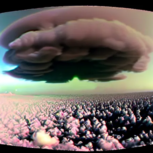 Image similar to combat drone strike war footage, ir, chromatic aberration!!!!!!!!!!!, broken camera colors, iridescent!!!!!!!!! saturated infrared camera, very high contrast, nuclear cloud, high angle vertical, inversed color, clouds, jpeg compression