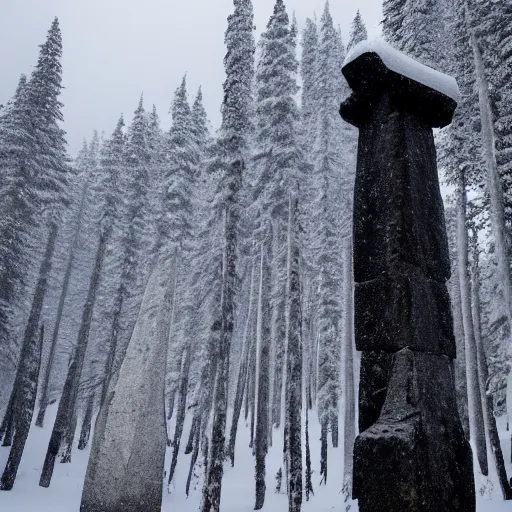 Image similar to a monolithic pillar temple in a taiga. snowing, overcast sky, grainy.