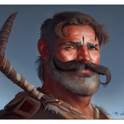 Image similar to portrait old barbarian warrior with trucker mustache and short hair, 8 k, trending on art station, by tooth wu and greg rutkowski