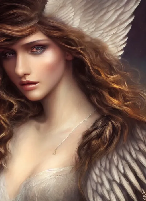 Image similar to a beautiful woman angel big wings, 8 k, sensual, hyperrealistic, high resolution, uhd, hyperdetailed, beautiful face, long hair windy, dark fantasy, fantasy portrait by laura sava