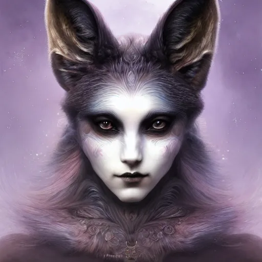 Prompt: tom bagshaw, soft painting fractal curiosities carnival, very beautiful fox mutation female in full ornated nightshade armor, symmetry accurate features, focus, very intricate ultrafine details, black white purple volumetric clouds, award winning masterpiece, octane render 8 k hd