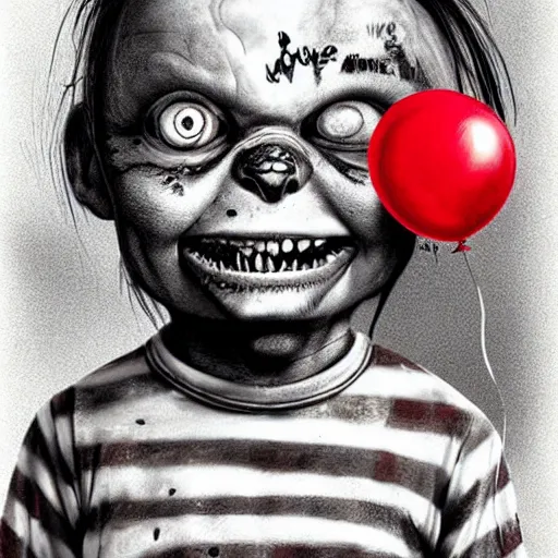 Image similar to surrealism grunge cartoon portrait sketch of chucky with a wide smile and a red balloon by - michael karcz, loony toons style, mad max style, horror theme, detailed, elegant, intricate