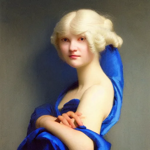 Image similar to a young woman's face, her hair is white and she wears an cobalt blue satin cloak, by ivan aivazovsky and syd mead and moebius and gaston bussiere and roger dean and pieter claesz and paul delaroche and alma tadema and aelbert cuyp and willam claesz, hyperrealistic, volumetric light, octane render