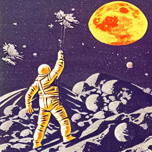 Image similar to Soviet space propaganda poster about planting large marijuana fields on the moon