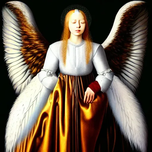 Image similar to highdetailed hyperrealistic painting of white angel!!! no gender!!!, giant ball of miracle light from the chest!!!!!, white sparkles everywhere, 4 k hd fur face!!!, big wings, by jan van eyck, holography space, glow effect, large strokes, white monochrome color!!!!!