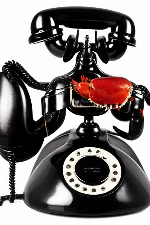 Image similar to commercial product photography advertisement for Salvador Dali’s Lobster Telephone, a black Rotary telephone with a painted plaster lobster for a handle, Rear lighting, commercial studio lighting