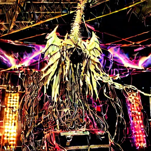 Image similar to 10,100 wemon worshipping the cybercore dragon angel pimp covered in wires damnation, holy ceremony, heavens gate, low quality photo, crowd, flikr