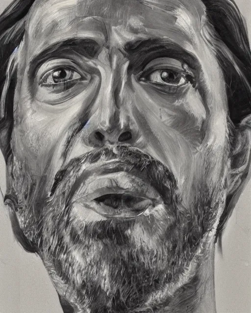 Image similar to a close up portrait of jesus, low angle, facing front, looking up, by Lucian Freud and Jenny Saville, oil painting, anatomically correct, beautiful perfect face, visible brushstrokes, sharp focus, Highly Detailed, Cinematic Lighting, 8k, HD